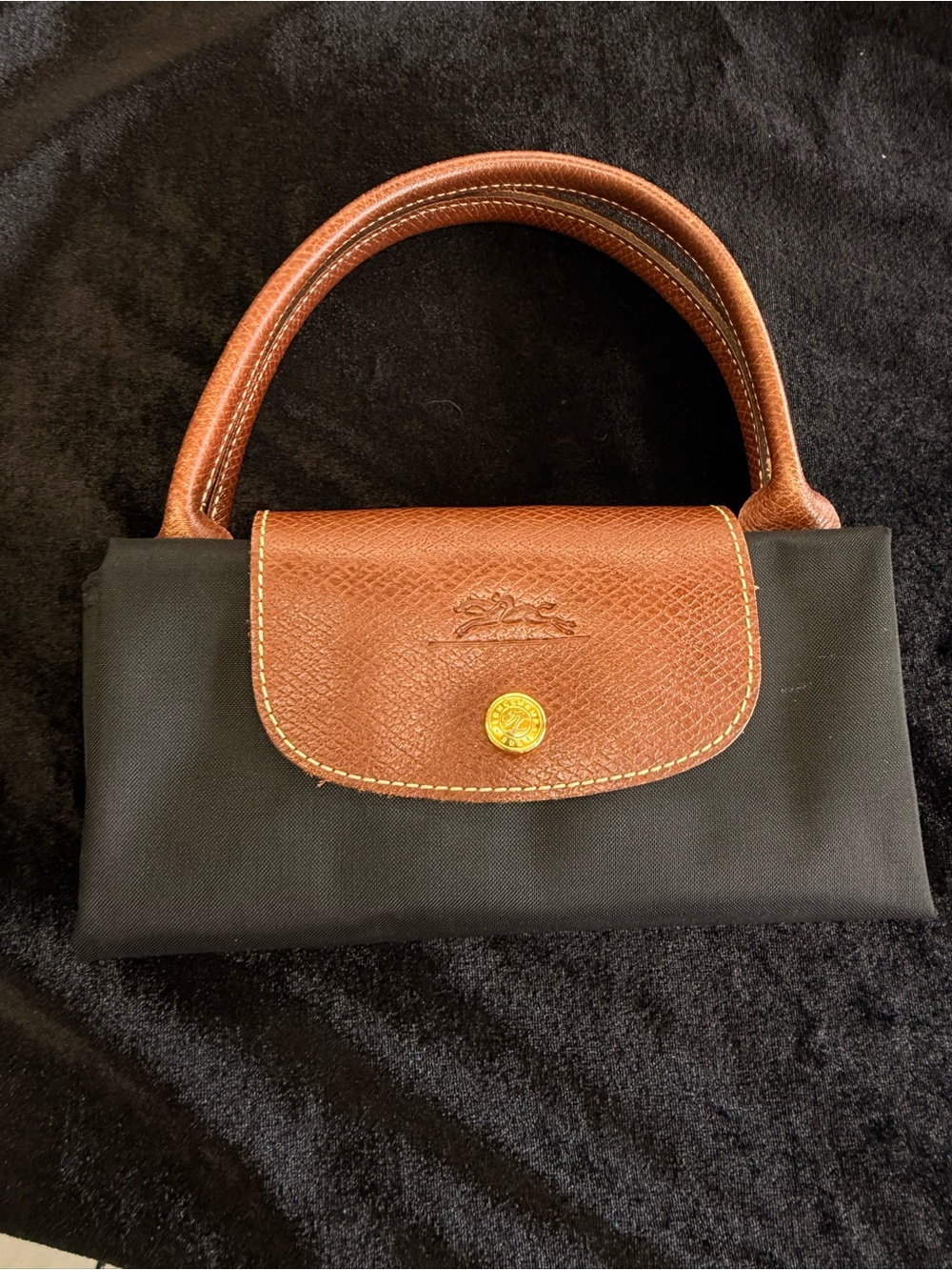 Longchamp Large Black Nylon Mini Top-Handle Bag with Brown Leather Trim